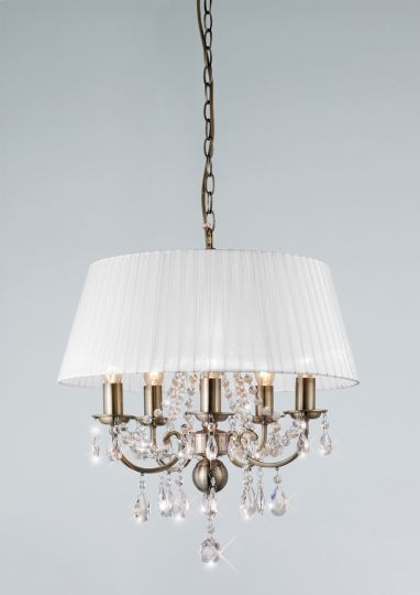 Diyas IL30047 Olivia Pendant With White Shade 5 Light Antique Brass/Crystal