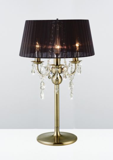 Diyas IL30065 Olivia Table Lamp With Black Shade 3 Light Antique Brass/Crystal