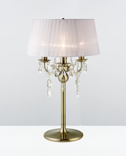 Diyas IL30065 Olivia Table Lamp With White Shade 3 Light Antique Brass/Crystal