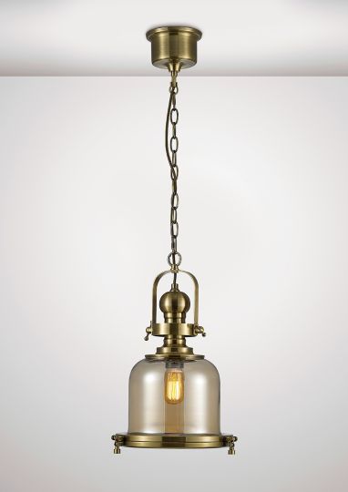 Diyas IL31593 Riley Single Small Bell Pendant 1 Light E27 Antique Brass/Cognac Glass