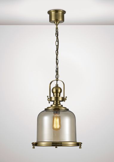 Diyas IL31594 Riley Single Medium Bell Pendant 1 Light E27 Antique Brass/Cognac Glass