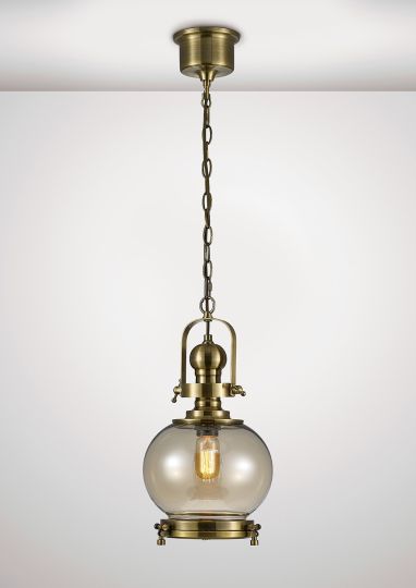 Diyas IL31596 Riley Single Small Ball Pendant 1 Light E27 Antique Brass/Cognac Glass