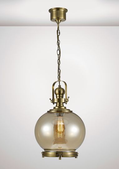 Diyas IL31597 Riley Single Medium Ball Pendant 1 Light E27 Antique Brass/Cognac Glass