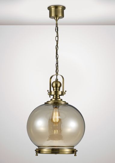 Diyas IL31598 Riley Single Large Ball Pendant 1 Light E27 Antique Brass/Cognac Glass