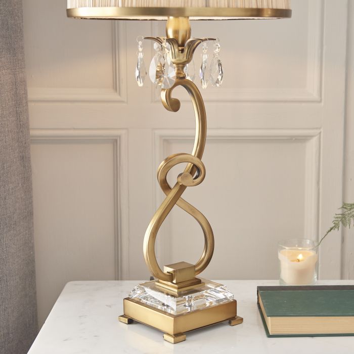 Oksana Small Table Lamp In Antique Brass With Beige Shade